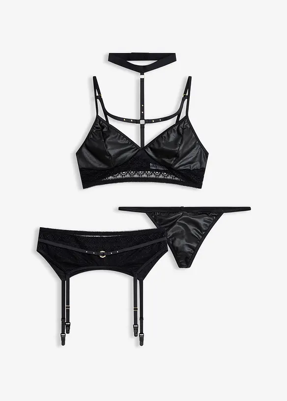 Bralette + stringtruse + stroppeholder i wetlook (3-delt sett), bonprix