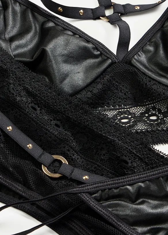 Bralette + stringtruse + stroppeholder i wetlook (3-delt sett), bonprix