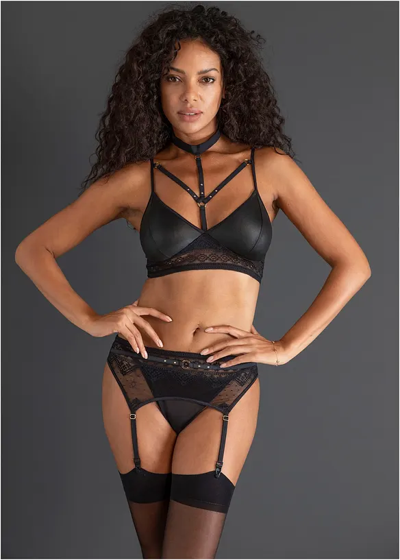 Bralette + stringtruse + stroppeholder i wetlook (3-delt sett), bonprix