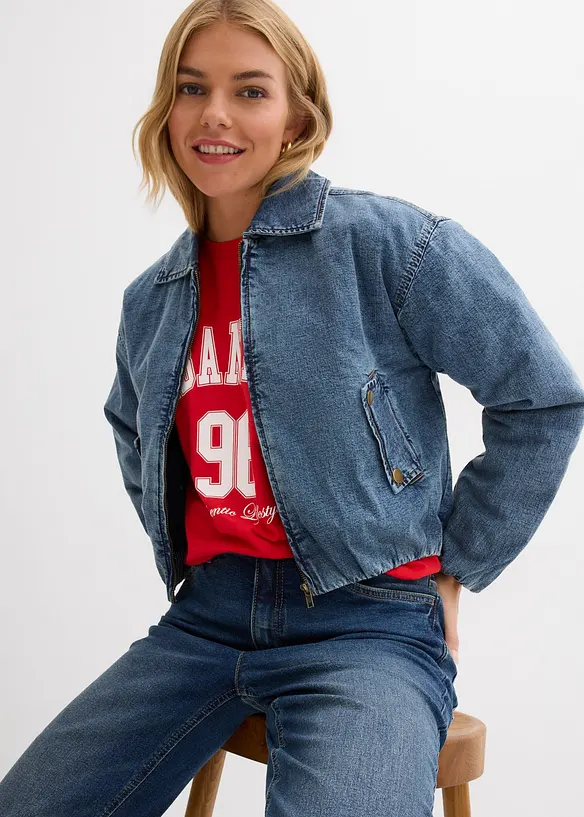 Varmt vattert jakke i denim med boblekant, bonprix