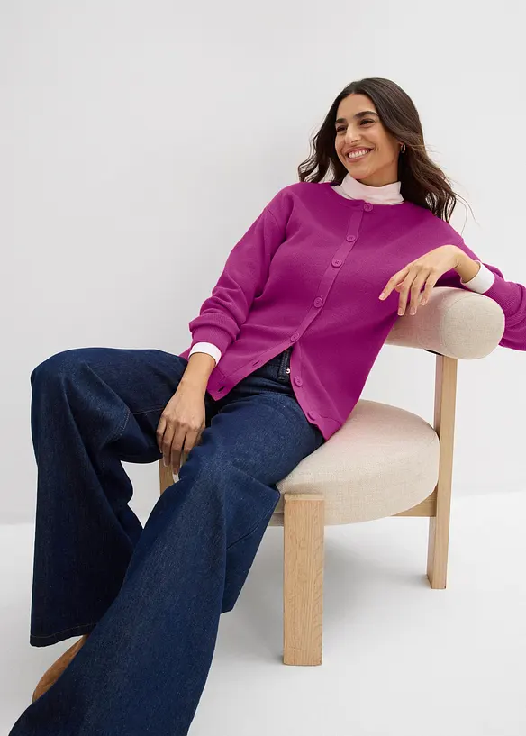 Finstrikket cardigan med rund hals, bonprix