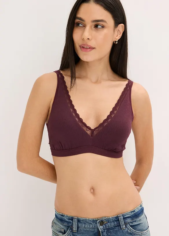 Bralette i ribbet materiale med &oslash;kologisk bomull og blonder, bonprix