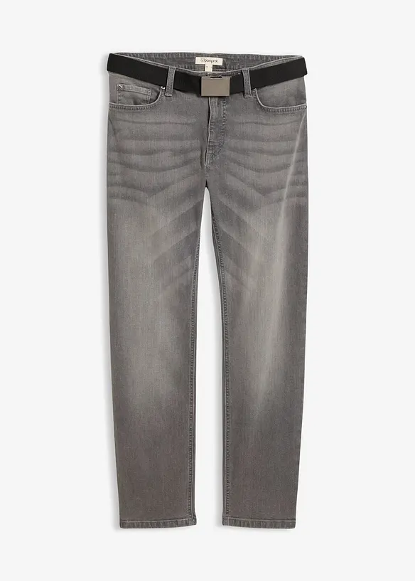 Regular Fit-jeans med stretch og belte, Straight, bonprix