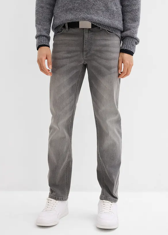 Regular Fit-jeans med stretch og belte, Straight, bonprix