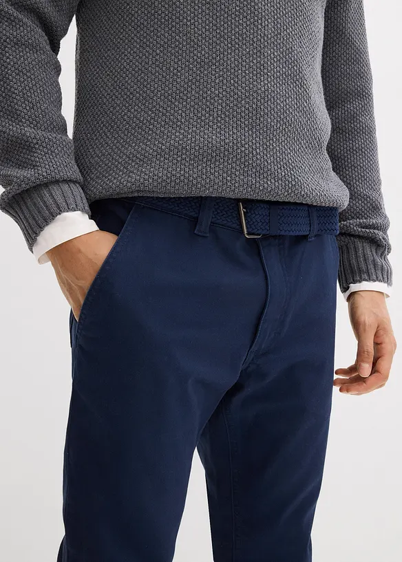 Regular fit-chinos med stretch, elastisk linning og belte, Straight, bonprix