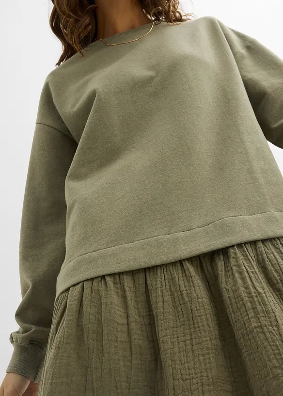 Sweatshirtkjole med vevd skj&oslash;rt, bonprix