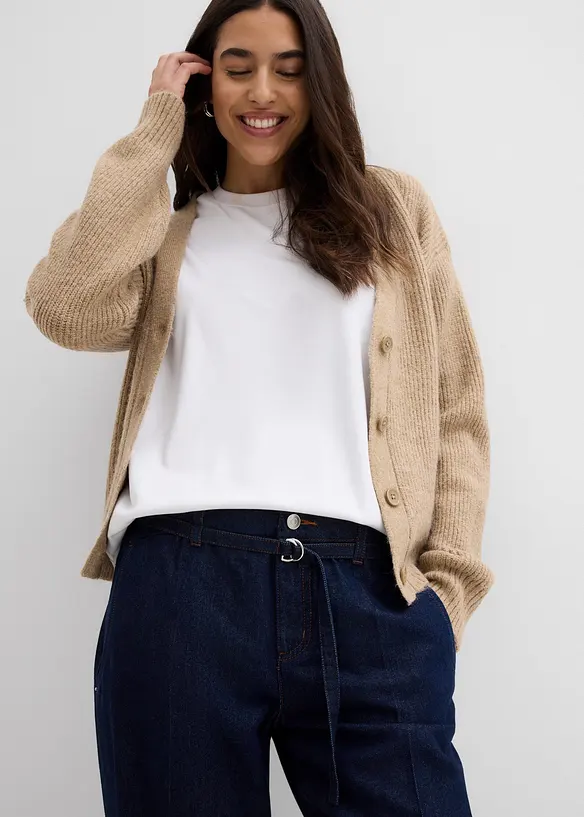 Wide Leg-jeans Mid Waist med belte, bonprix