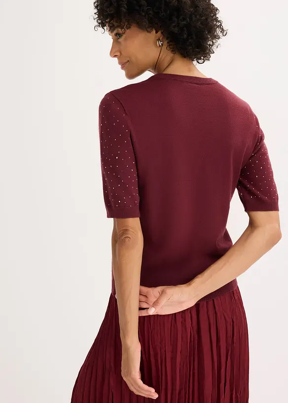 Finstrikket, kortermet genser med strass, bonprix