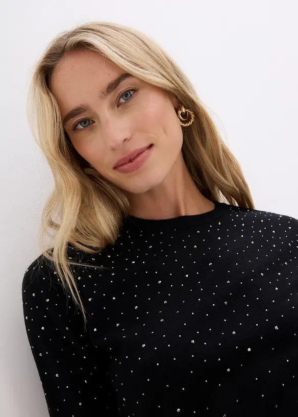 Finstrikket, kortermet genser med strass, bonprix