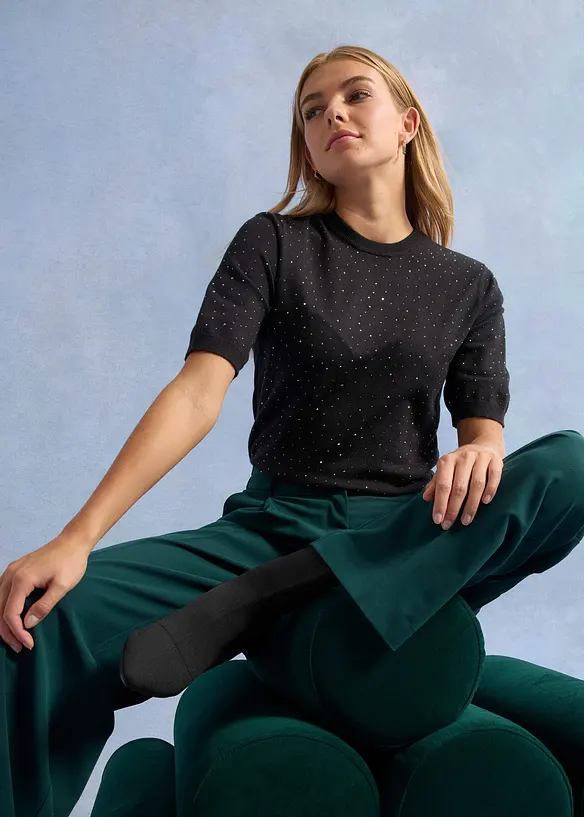 Finstrikket, kortermet genser med strass, bonprix