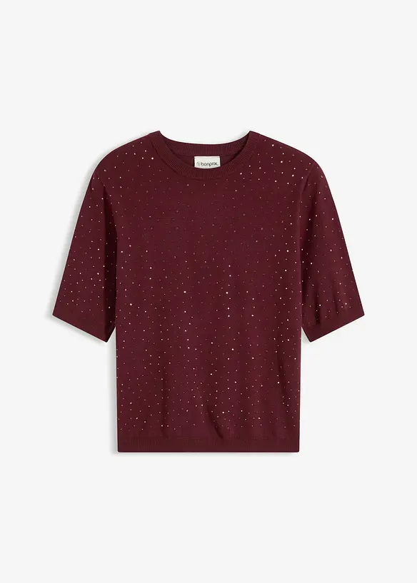 Finstrikket, kortermet genser med strass, bonprix
