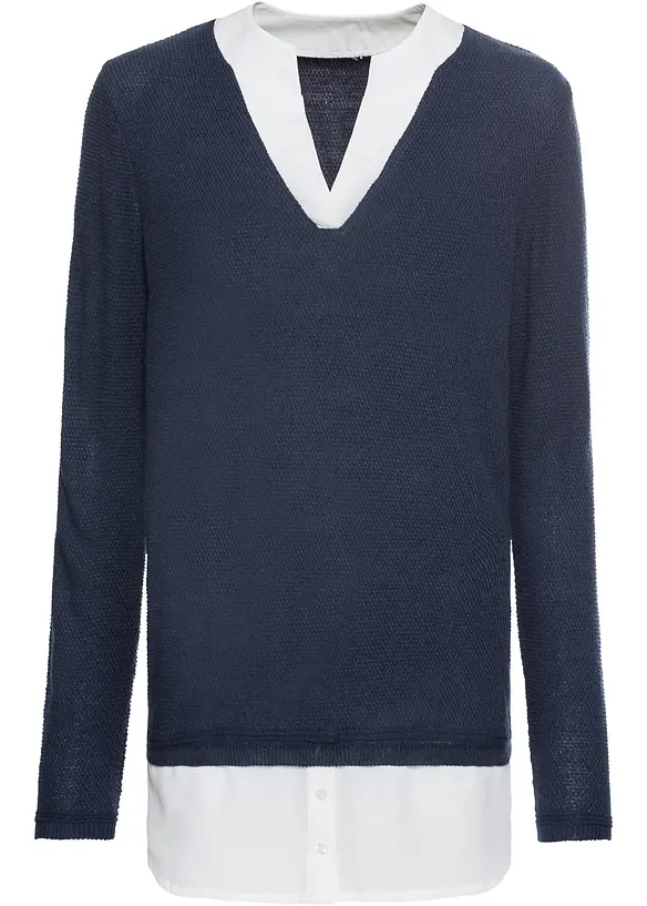 Genser i finstrikk med bluseinnfelling, bonprix