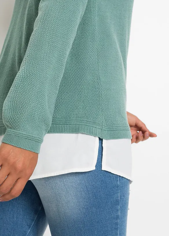 Genser i finstrikk med bluseinnfelling, bonprix