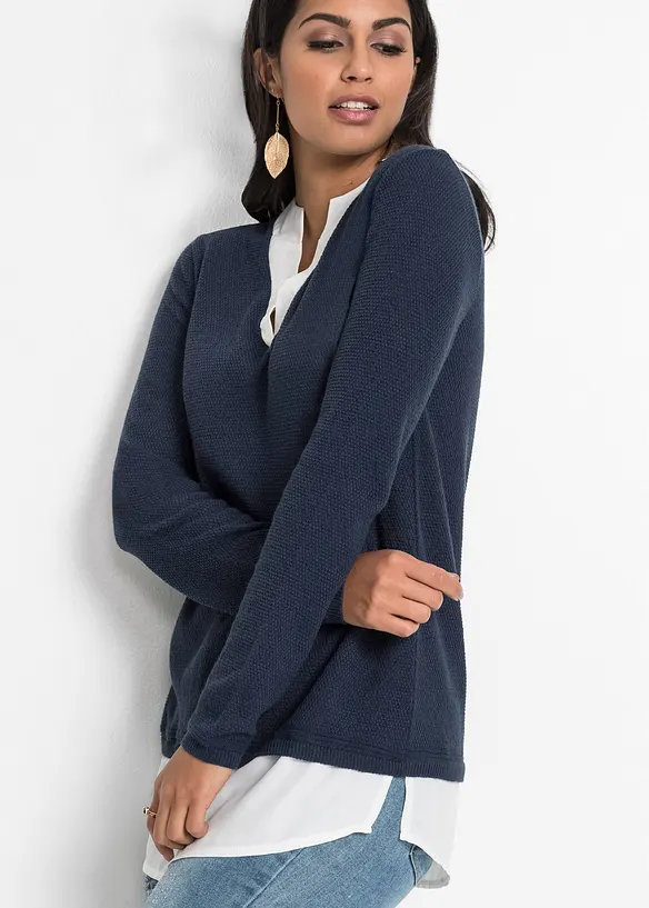 Genser i finstrikk med bluseinnfelling, bonprix