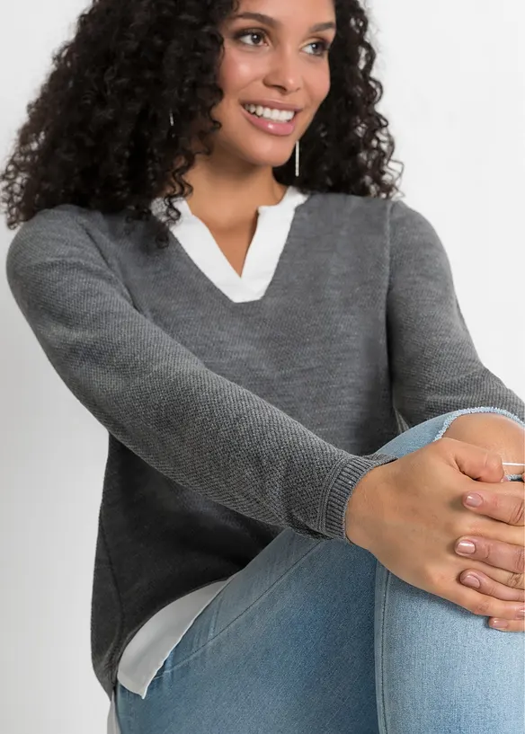 Genser i finstrikk med bluseinnfelling, bonprix