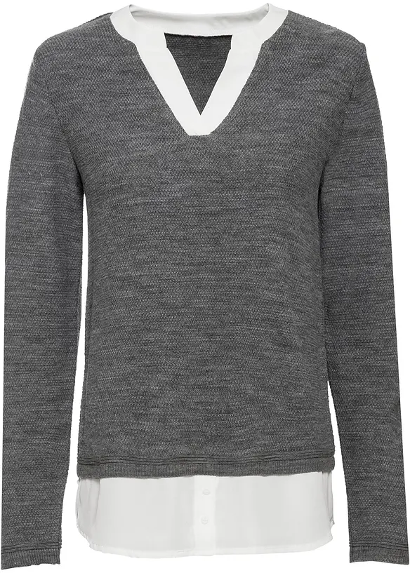 Genser i finstrikk med bluseinnfelling, bonprix