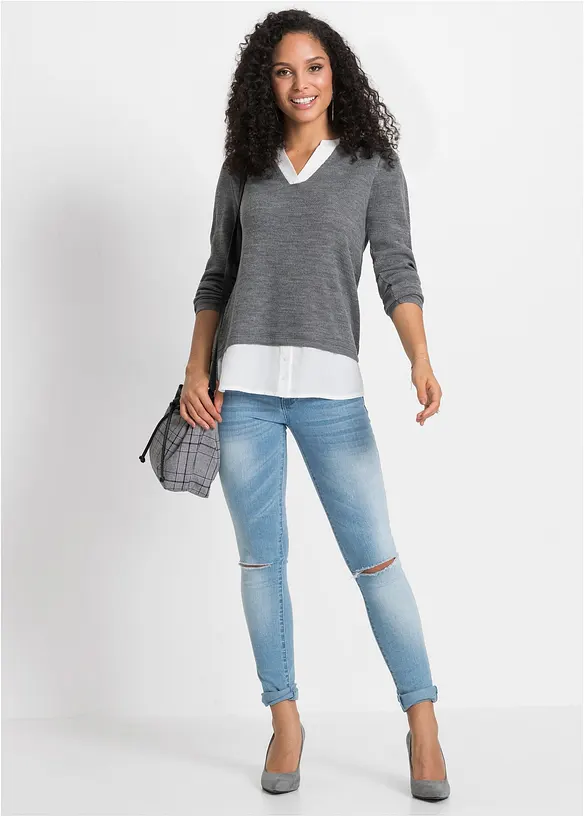 Genser i finstrikk med bluseinnfelling, bonprix