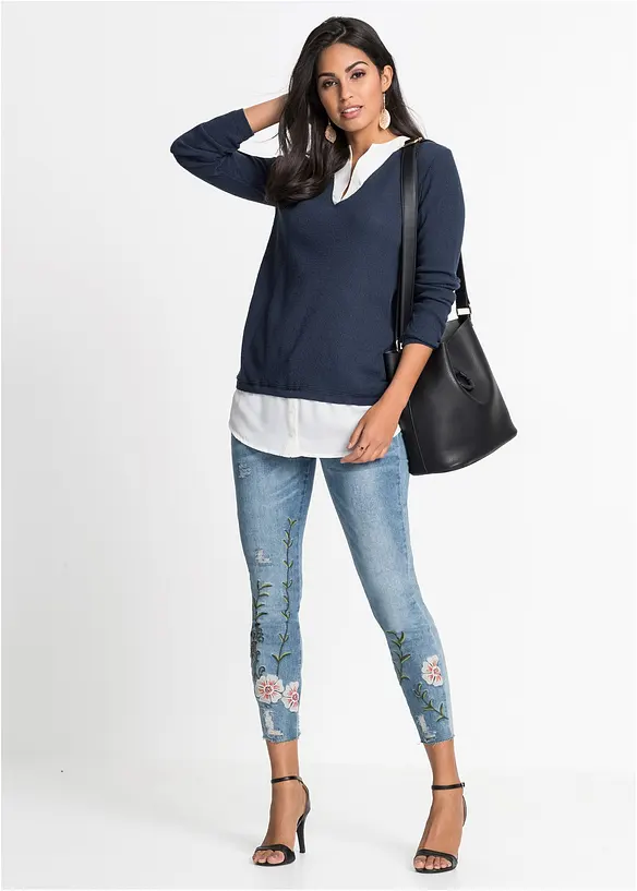 Genser i finstrikk med bluseinnfelling, bonprix