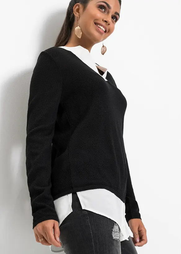 Genser i finstrikk med bluseinnfelling, bonprix