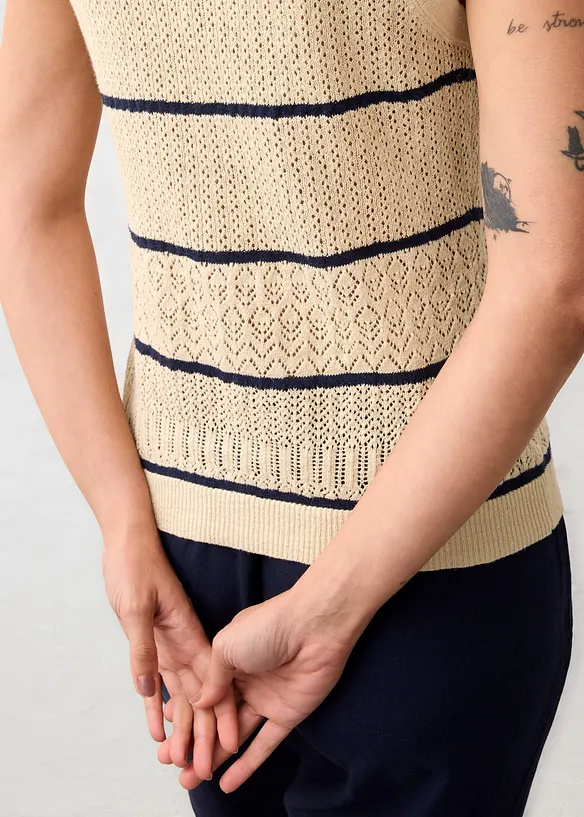 Strikket vest med lin og hullm&oslash;nster, bonprix