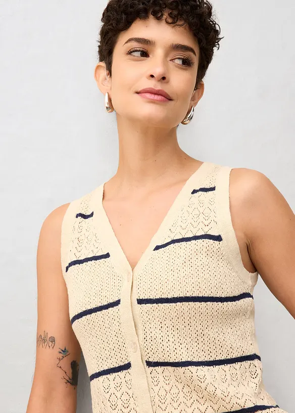 Strikket vest med lin og hullm&oslash;nster, bonprix