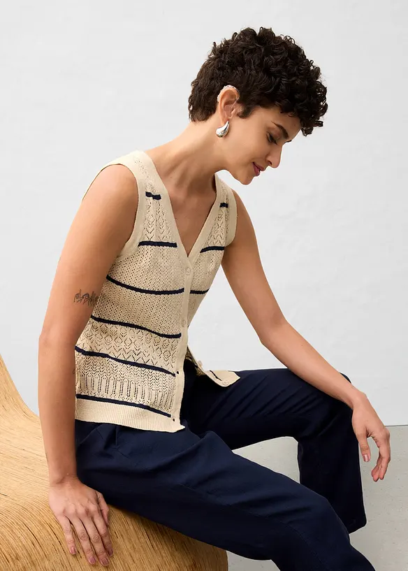 Strikket vest med lin og hullm&oslash;nster, bonprix