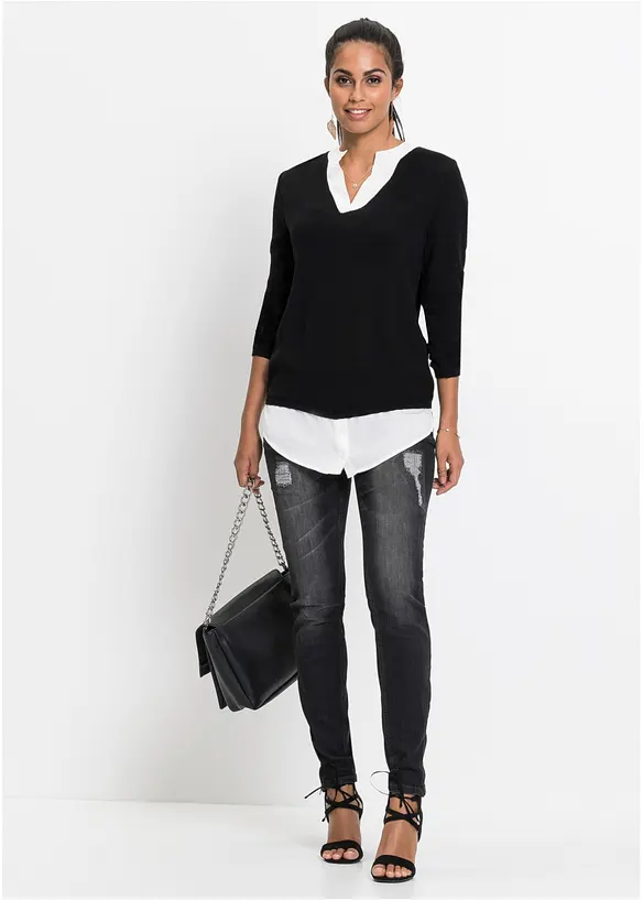 Genser i finstrikk med bluseinnfelling, bonprix