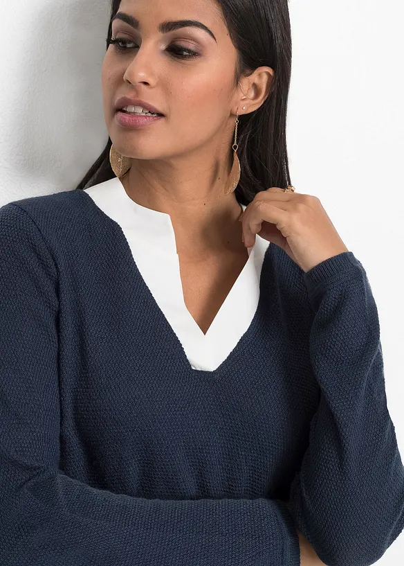 Genser i finstrikk med bluseinnfelling, bonprix