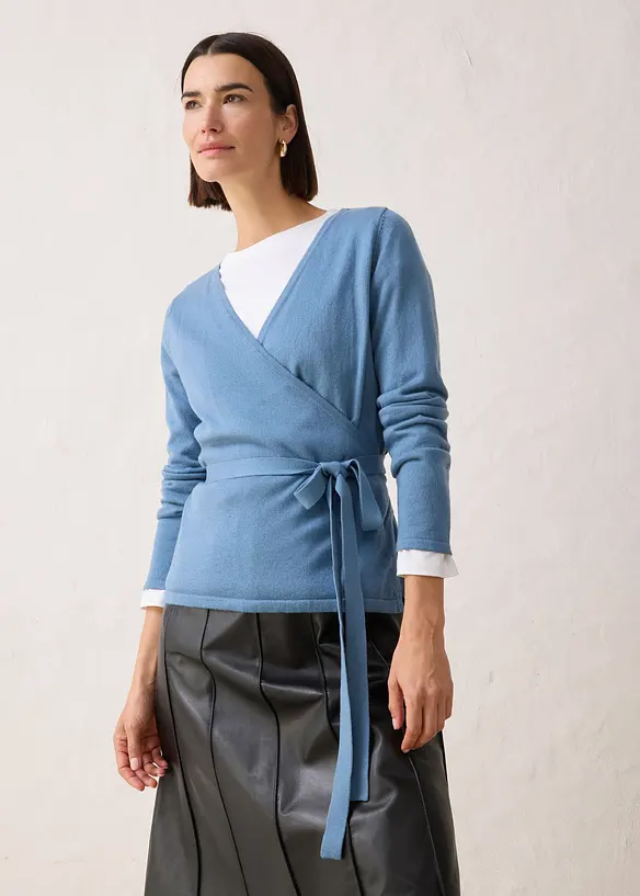 Cardigan i omslagsmodell med merinoull, bonprix