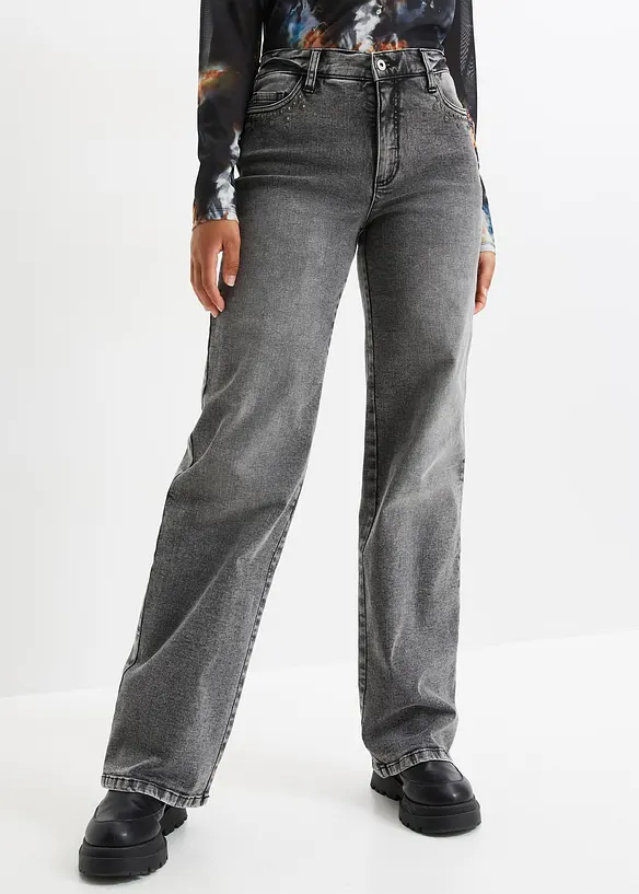 Wide Leg-jeans, High Waist med naglebesetning, bonprix