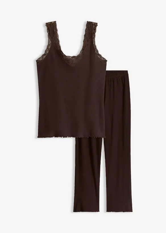 Pyjamas i ribbet materiale med blondetopp, bonprix