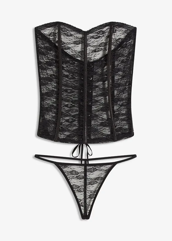 Korsett og stringtruse i blondemateriale (2-delt sett), bonprix