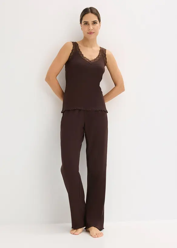 Pyjamas i ribbet materiale med blondetopp, bonprix