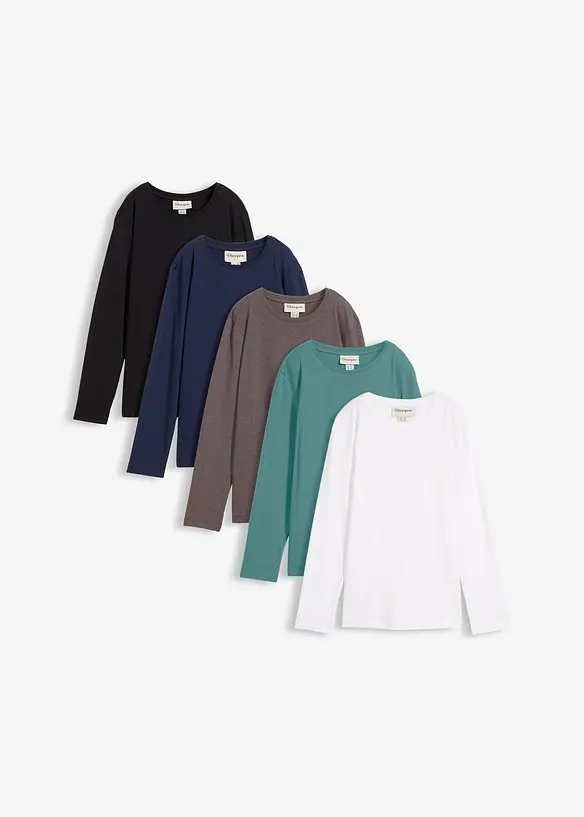 Langermet topp med &oslash;kologisk bomull (5-pack), bonprix