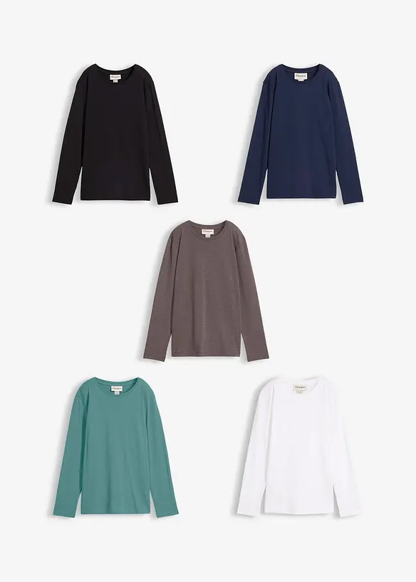 Langermet topp med &oslash;kologisk bomull (5-pack), bonprix