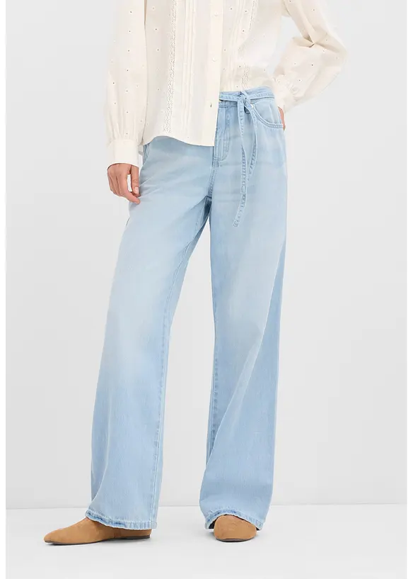 Wide Leg-jeans, Mid Waist, med belte, bonprix