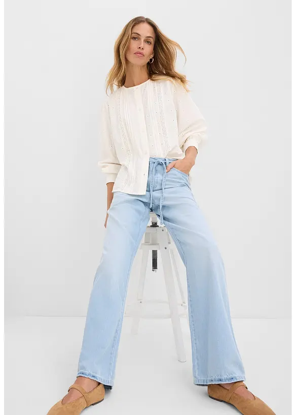 Wide Leg-jeans, Mid Waist, med belte, bonprix
