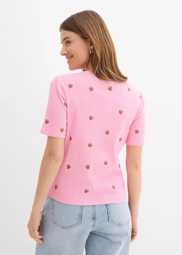 Ribbet topp i 100% &oslash;kologisk bomull med broderi, bonprix