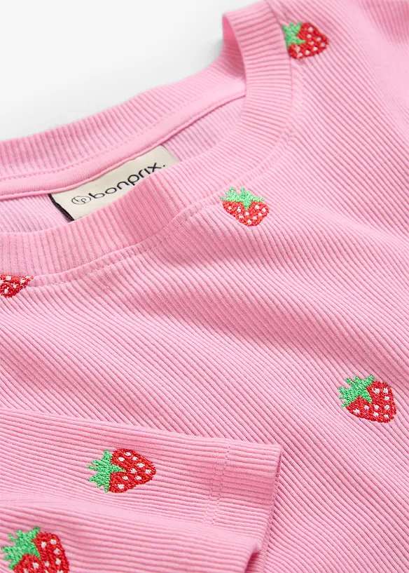 Ribbet topp i 100% &oslash;kologisk bomull med broderi, bonprix