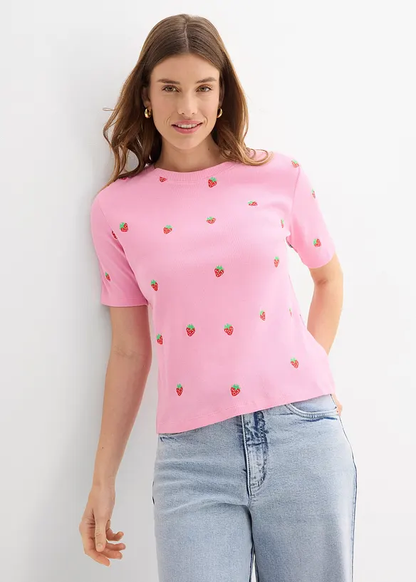 Ribbet topp i 100% &oslash;kologisk bomull med broderi, bonprix