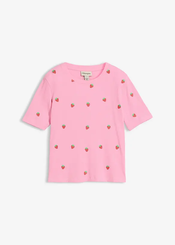 Ribbet topp i 100% &oslash;kologisk bomull med broderi, bonprix