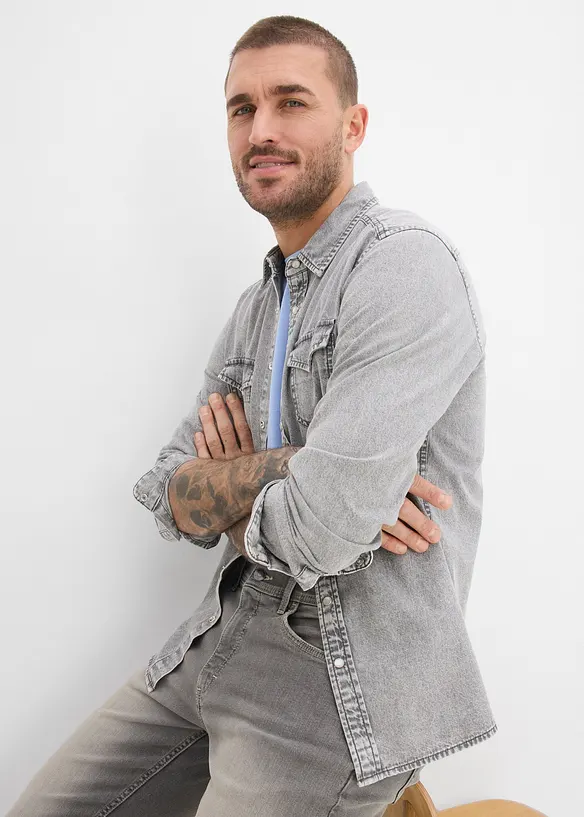 Langermet denimskjorte i 100% &oslash;kologisk bomull, bonprix