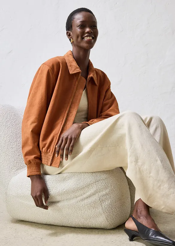 Skinnjakke i semsket skinn og bomberjakkestil, bonprix