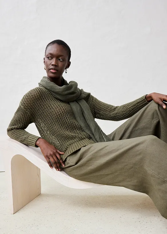 Genser med hullm&oslash;nster i lett linmiks, bonprix