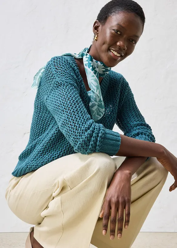 Genser med hullm&oslash;nster i lett linmiks, bonprix