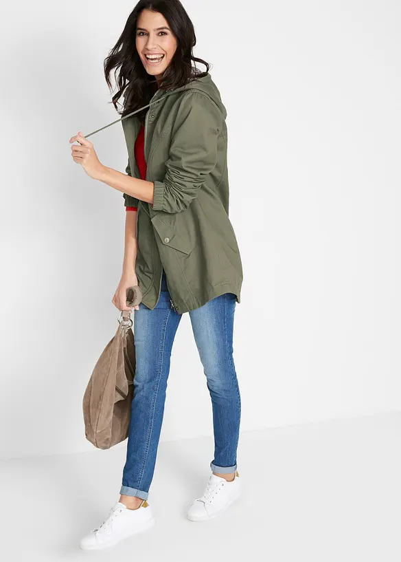 Overgangsparkas i bomull med hette med print, bonprix