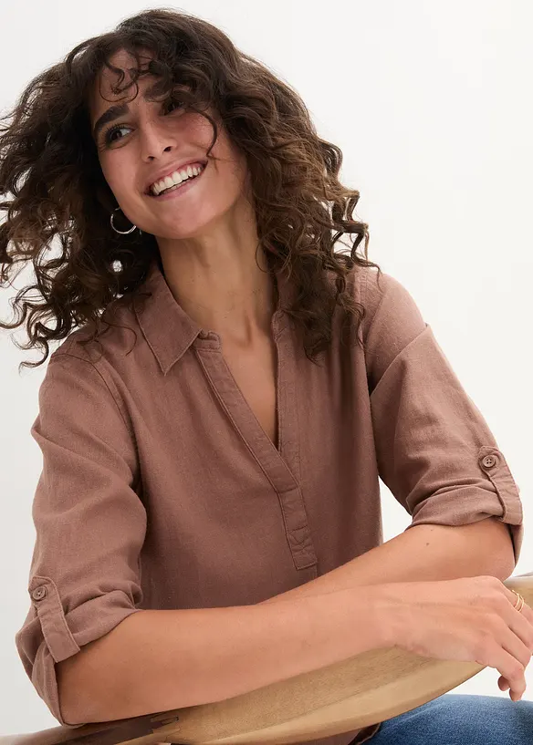 Bluse med lin og 3/4-lange ermer, bonprix