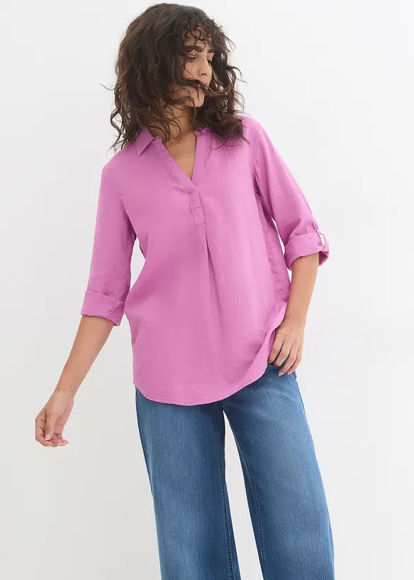 Bluse med lin og 3/4-lange ermer, bonprix