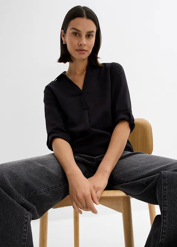 Bluse med lin og 3/4-lange ermer, bonprix