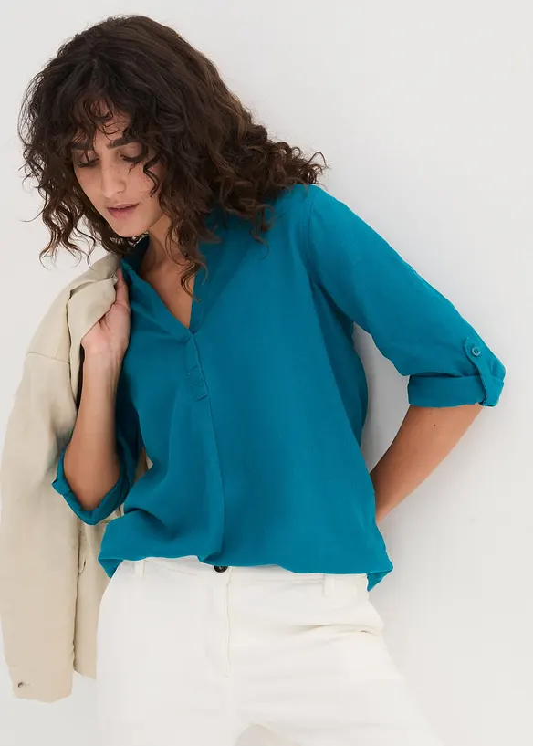 Bluse med lin og 3/4-lange ermer, bonprix
